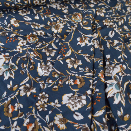 Tissu Jersey de Viscose fleurs sur fond bleu - oeko tex