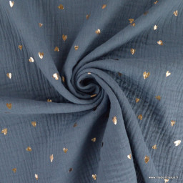 1 coupon de 100cm de  Tissu Double gaze jean motif coeurs dorés - oeko tex