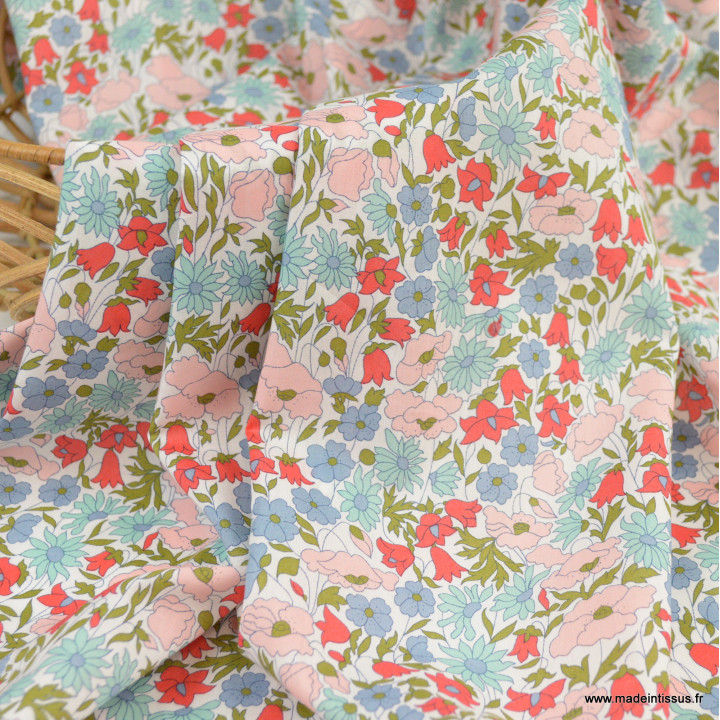 Tissu Liberty Poppy and Daisy Bleu, vert et rose