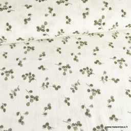 1 coupon de 57 cm de  Tissu double gaze Madi motif eucalyptus fond blanc cassé - oeko tex