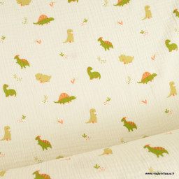 Tissu Double gaze Didi motif dinosaure fond Ecru - oeko tex