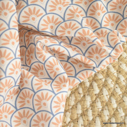 Tissu popeline motif écailles bleu et camel - exclusif