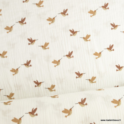 1 coupon de 115cm de  Double gaze motifs oiseaux fond blanc cassé Milk - oeko tex