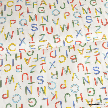 Tissu popeline motifs lettres en crayons de couleur - Oeko tex