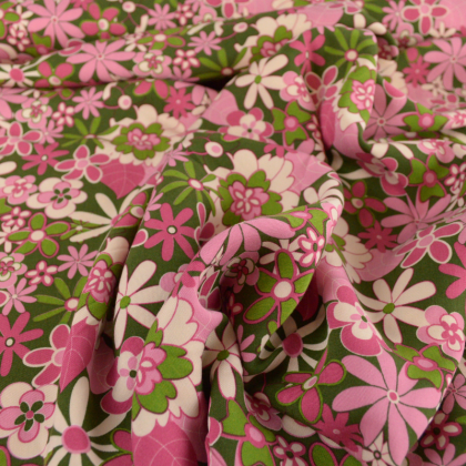 Tissu twill Viscose motif fleurs vintage vert et rose