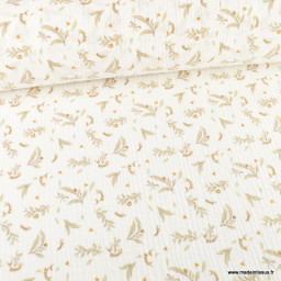 1 coupon de 70 cm de  Tissu Double gaze Tiza motif fleurs lin et camel fond blanc - oeko tex