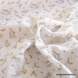 Tissu Double gaze Tiza motif fleurs lin et camel fond blanc - oeko tex