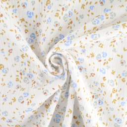 coupon de 175cm de Double gaze Saseka motif fleurs bleues et camel fond blanc - oeko tex