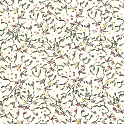 coupon 110cm Tissu de Noël motif feuilles et baies or fond blanc cassé - Oeko tex